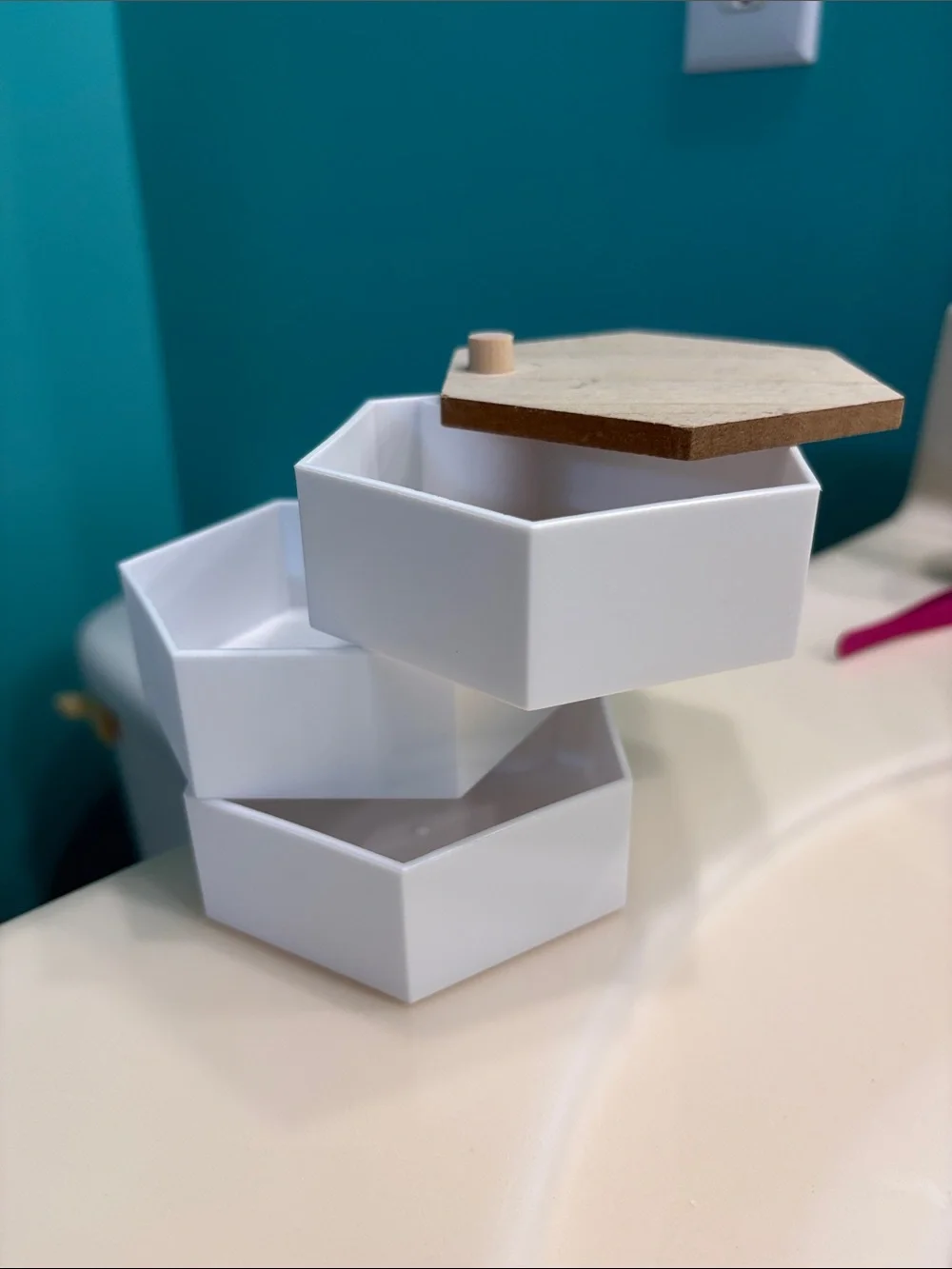 White Stackable Bathroom Storage Box with Wooden Hex Lid